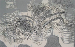 Joelle Dietrick "Thin Cities: Earthquake" 2007, ink and acrylic on vellum, 24” x 36”