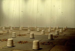 "The Present Absent" 2004, spools, needles, leaves, 17' x 18' x 7'