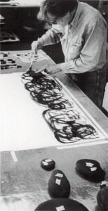 John Cage working on "New River Watercolors" 1988, photograph by Charles Bultman II, courtesy of John Cage Trust